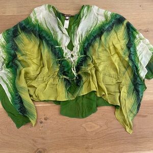 Roberto Cavalli Green, Yellow & White Sheer Ruffled Blouse